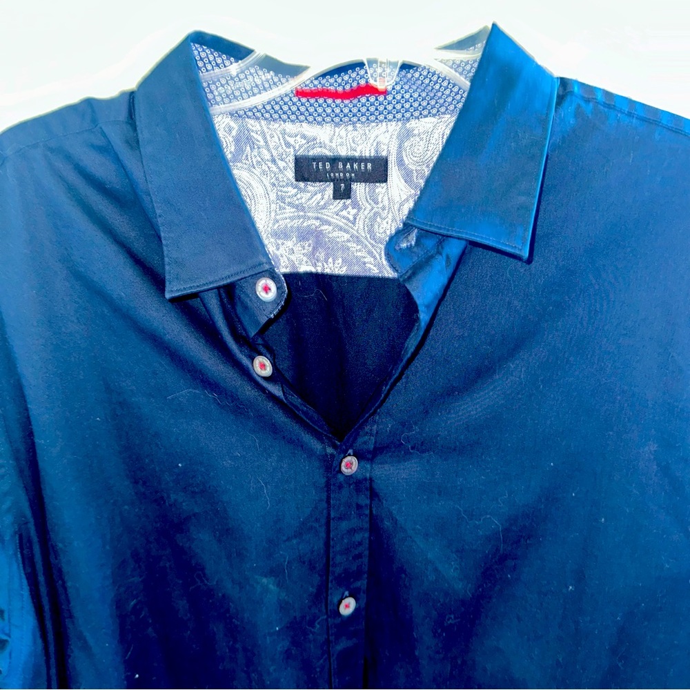 Ted Baker button down shirt. Navy blue. Size 7, similar to men’s Large.